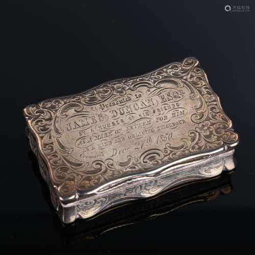 A Victorian silver snuffbox, shaped rectangular form with al...