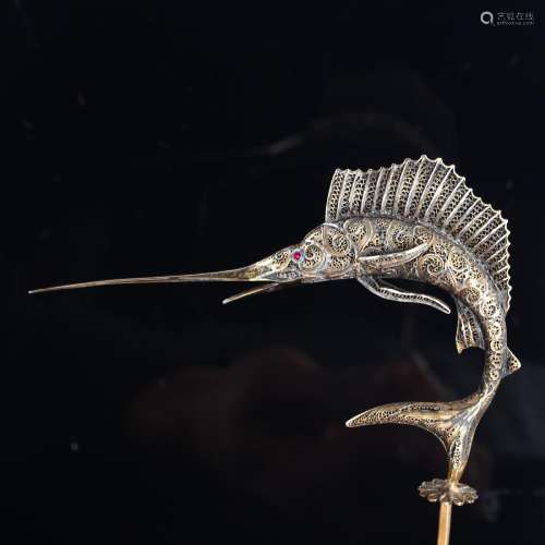 A Portuguese silver-gilt filigree marlin fish ornament, with...