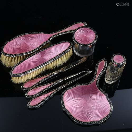 An Art Deco George V silver and pink/black enamel 8-piece dr...