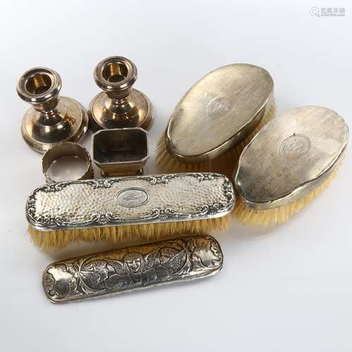 Various silver, including salt, pair of candlesticks, napkin...