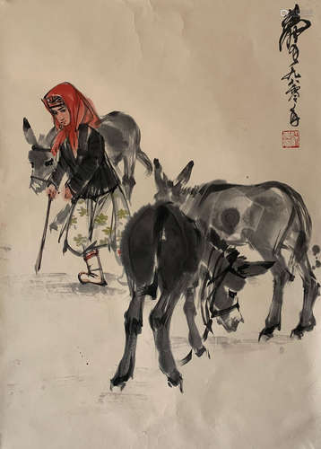 A Chinese Painting of Donkey and Young Girl Signed Huang Zho...