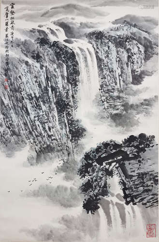 A Chinese Painting of Pine and Waterfall Signed Song Wenzhi