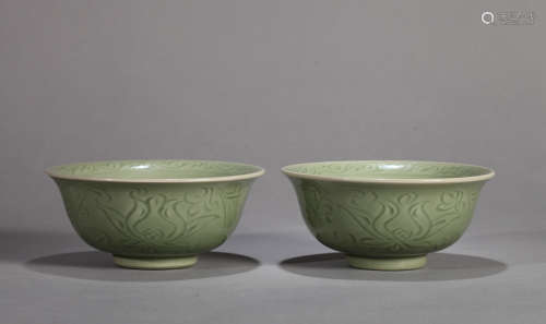 Pair Chinese Celadon Glaze Bowls