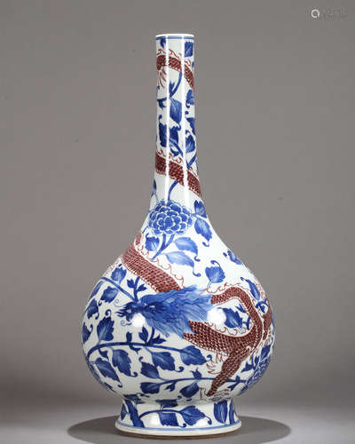 A Chinese Underglaze Blue and Copper Red Dragon Vase