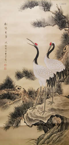A Chinese Painting of Crane with Pine Signed Shen Quan