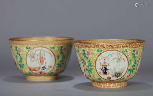 Pair Chinese Yellow Ground and Famille Rose Bowls