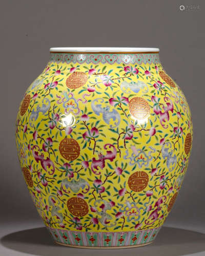 A Chinese Yellow Ground Famille Rose Jar