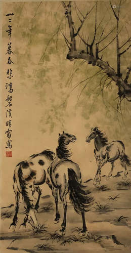 A Chinese Painting of Three Horses Signed Xu Beihong