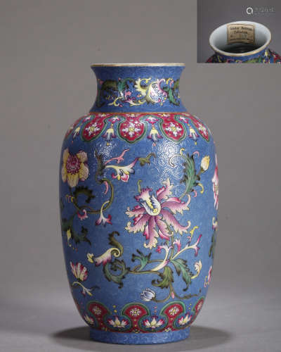 A Chinese Blue Ground Famille Rose Flower Scrolls Vase