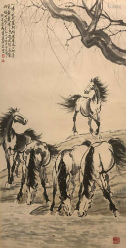 A Chinese Painting of Five Horses Signed Xu Beihong