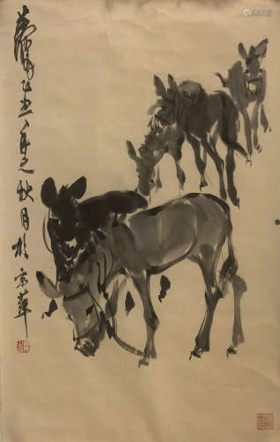 A Chinese Painting of Five Donkeys Signed Huang Zhou