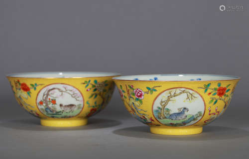 Pair Chinese Famille Rose Rams Group Bowls