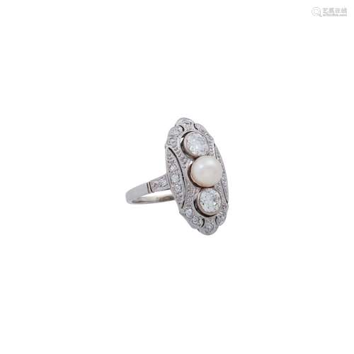 Art Déco Ring mit Perle und Diamanten von zus. ca. 0,85 ct,