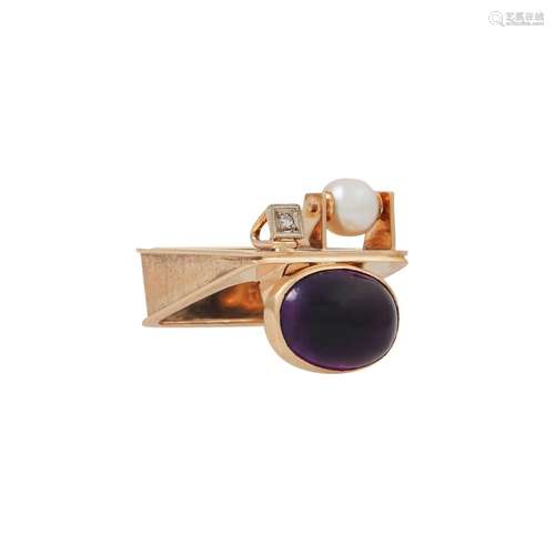 Unikat Ring mit ovalem Amethystcabochon, Diamant ca. 0,02 ct