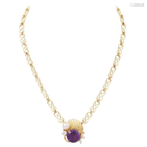 Unikat Collier mit Amethyst ca. 9 ct, 4 Diamanten von zus. c...