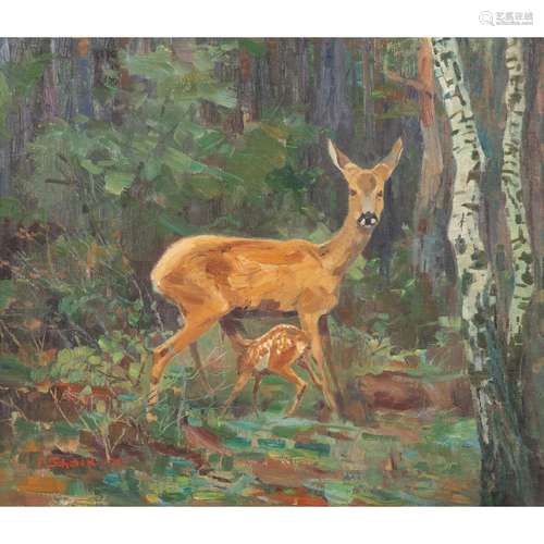 SCHEBEK, FERDINAND (1875-1949) "Hirschkuh und Rehkitz a...