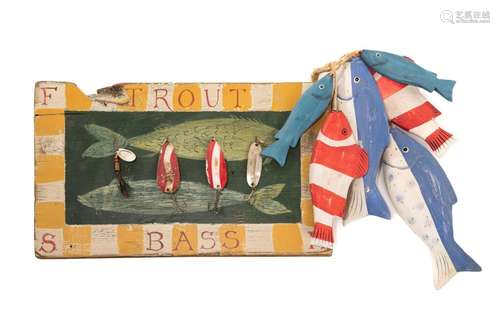 FOLK ART FISHING DISPLAY BOARD AND FISH