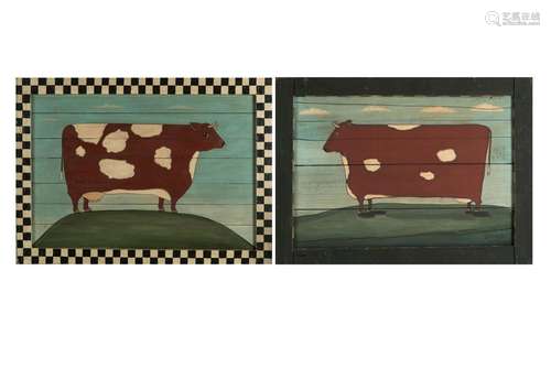 TWO FRAMED FOLK ART PAINTINGS OF COWS