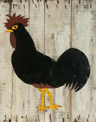 FOLK ART TIN ROOSTER ON BARNBOARD