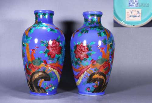 PAIR OF CHINESE PORCELAIN BLUE GROUND FAMILLE ROSE PHOENIX A...