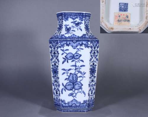 CHINESE PORCELAIN BLUE AND WHITE PEACH SQUARE VASE