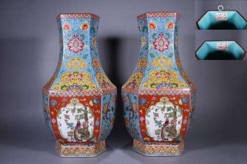 PAIR OF CHINESE PORCELAIN FAMILLE ROSE BIRD AND FLOWER HEXAG...