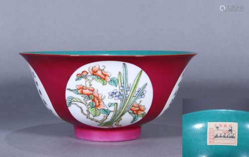 CHINESE PORCELAIN RED GROUND FLOWER AND POEM BOWL