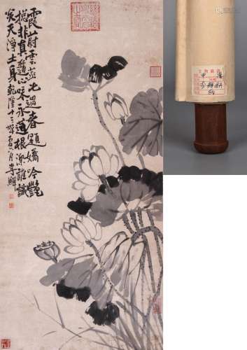 CHINESE SCROLL PAINTING OF LOTUS SIGNED BY LI SHAN