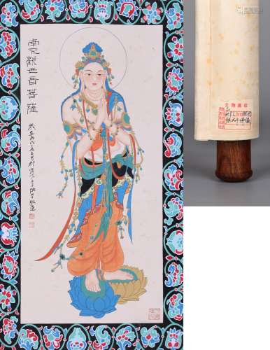 CHINESE SCROLL PAINTING OF STANDING GUANYIN SIGNED BY ZHANG ...