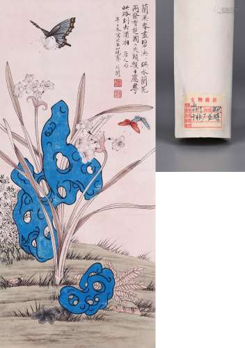 CHINESE SCROLL PAINTING OF BUTTERFLY AND ORCHID SIGNED BY YU...