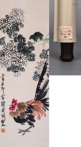 CHINESE SCROLL PAINTING OF ROOSTER AND FLOWER SIGNED BY QI B...