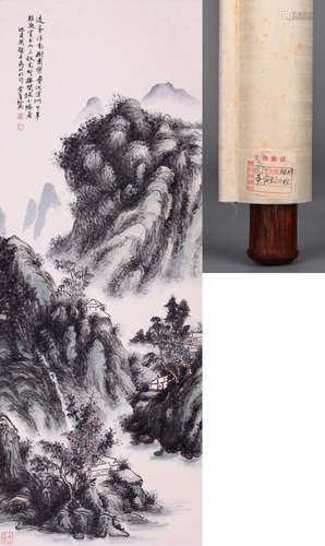 CHINESE SCROLL PAINTING OF MOUNTAIN VIEWS SIGNED BY HUANG BI...