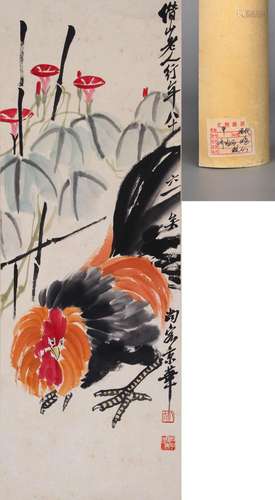 CHINESE SCROLL PAINTING OF ROOSTER AND FLOWER SIGNED BY QI B...