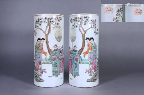 PAIR OF CHINESE PORCELAIN FAMILLE ROSE BEAUTY IN GARDEN HAT ...