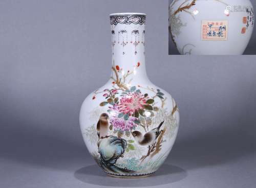 CHINESE PORCELAIN FAMILLE ROSE BIRD AND FLOWER VASE SIGNED B...