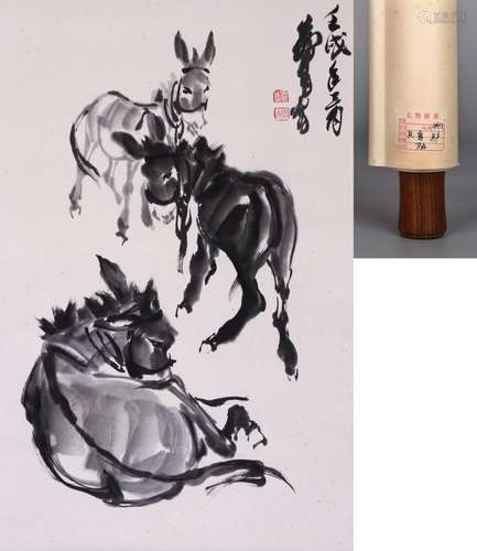 CHINESE SCROLL PAINTING OF DONKEY SIGNED BY HUANG ZHOU