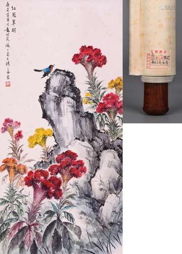 CHINESE SCROLL PAINTING OF BIRD AND FLOWER SIGNED BY HUANG H...