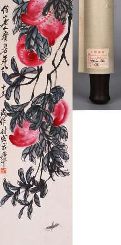 CHINESE SCROLL PAINTING OF INSECT AND PEACH SIGNED BY QI BAI...