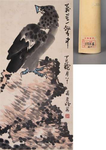 CHINESE SCROLL PAINTING OF EAGLE ON ROCK SIGNED BY LI KUCHAN