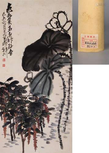 CHINESE SCROLL PAINTING OF LOTUS SIGNED BY WU CHANGSHUO