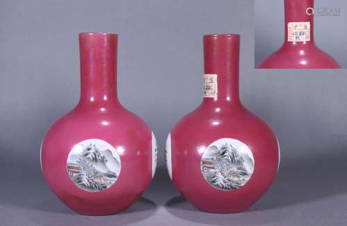 PAIR OF CHINESE PORCELAIN REG GROUND FAMILLE ROSE MOUNTAIN V...