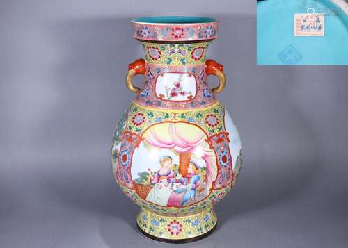 CHINESE PORCELAIN FAMILLE ROSE WESTERN BEAUTY CIRCLE HANDLED...