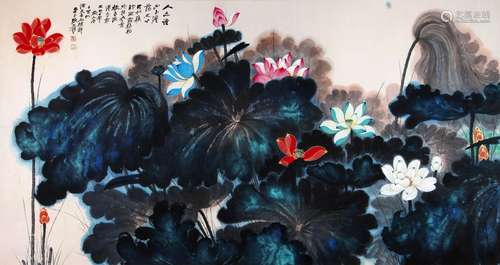 CHINESE SCROLL PAINTING OF LOTUS SIGNED BY ZHANG DAQIAN