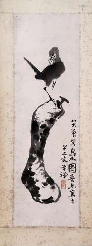 CHINESE SCROLL PAINTING OF BIRD ON ROCK SIGNED BY LI KUCHAN