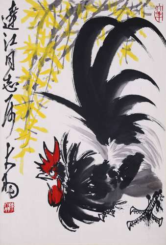 CHINESE SCROLL PAINTING OF ROOSTER AND FLOWER SIGNED BY CHEN...