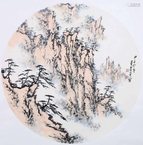 CHINESE ROUND FAN PAINTING OF MOUNTAIN VIEWS SIGNED BY DONG ...