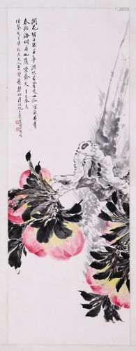 CHINESE SCROLL PAINTING OF PEACH SIGNED BY ZHENG MEIQING