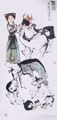 CHINESE SCROLL PAINTING OF GIRL WITH DEER SIGNED BY CHENG SH...