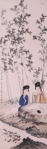 CHINESE SCROLL PAINTING OF BEAUTY IN GARDEN SIGNED BY CHENG ...