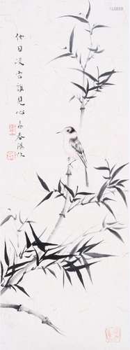 CHINESE SCROLL PAINTING OF BIRD AND BAMBOO SIGNED BY HUO CHU...